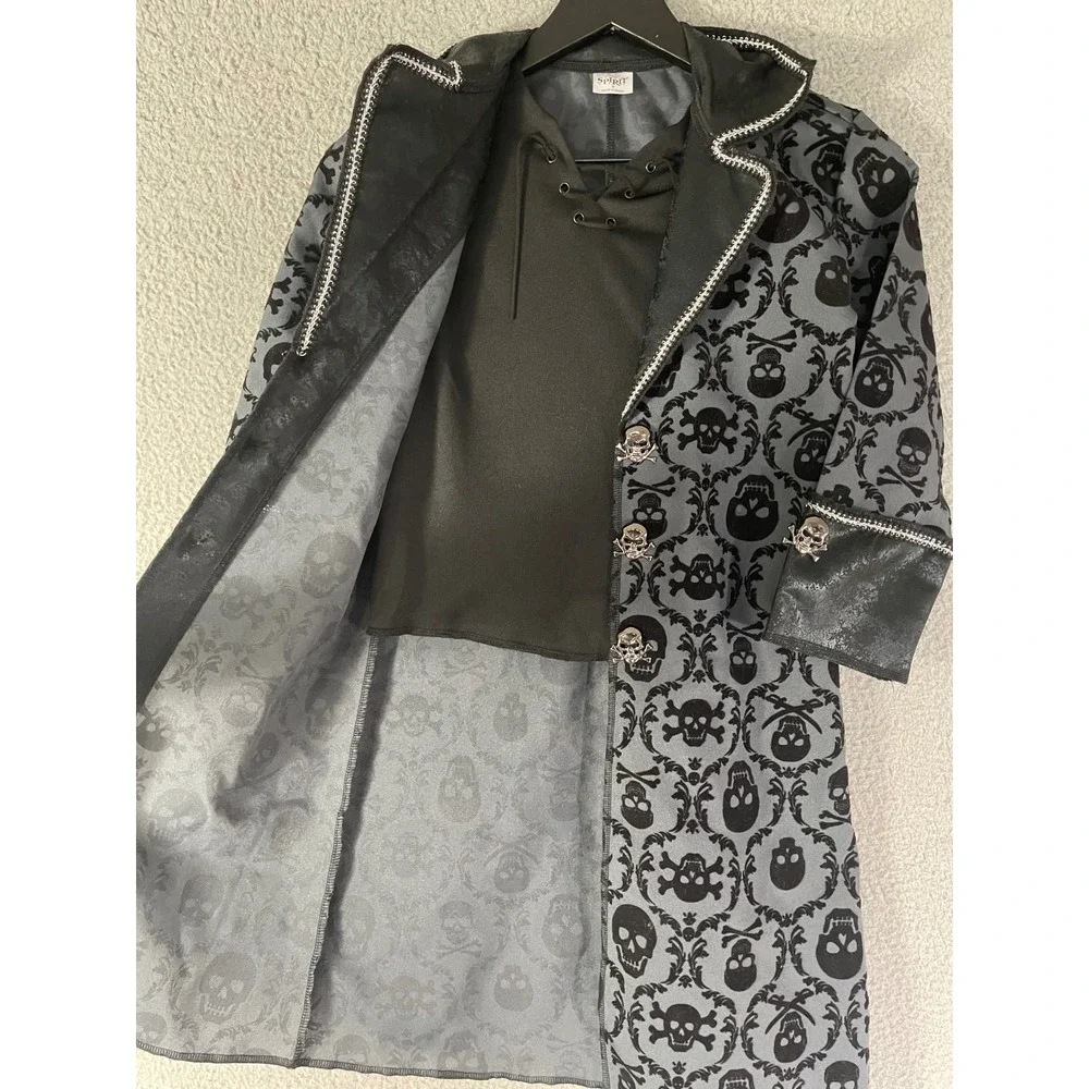 Spirit Halloween Gothic Pirate Skull Captain Costume Dress Kids Small Gray Black